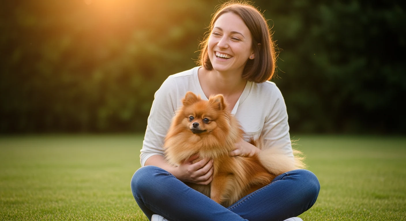 Jeune femme riant avec son Spitz Pomeranien sur les genoux dans un jardin ensoleille